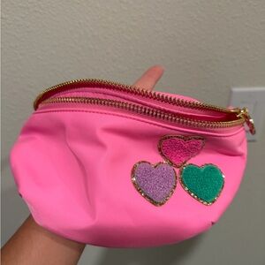Stoney Clover Lane Pink Cosmetic Pouch with Multicolor Heart Appliqués